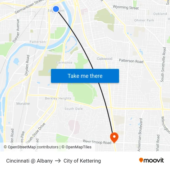 Cincinnati @ Albany to City of Kettering map