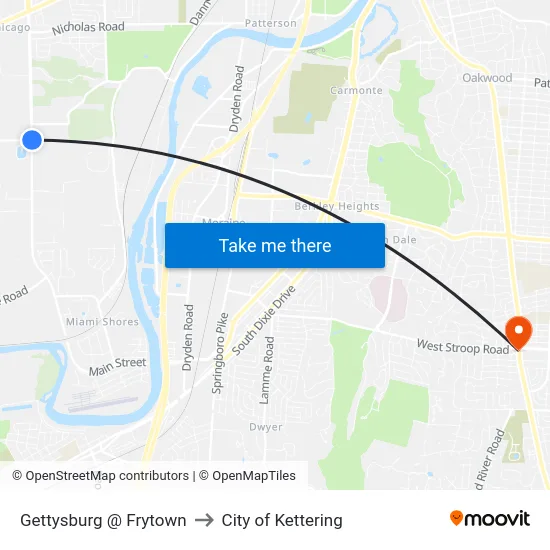 Gettysburg @ Frytown to City of Kettering map