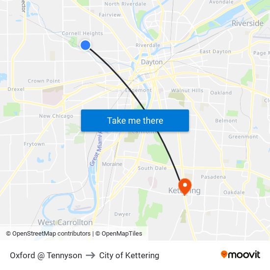 Oxford @ Tennyson to City of Kettering map