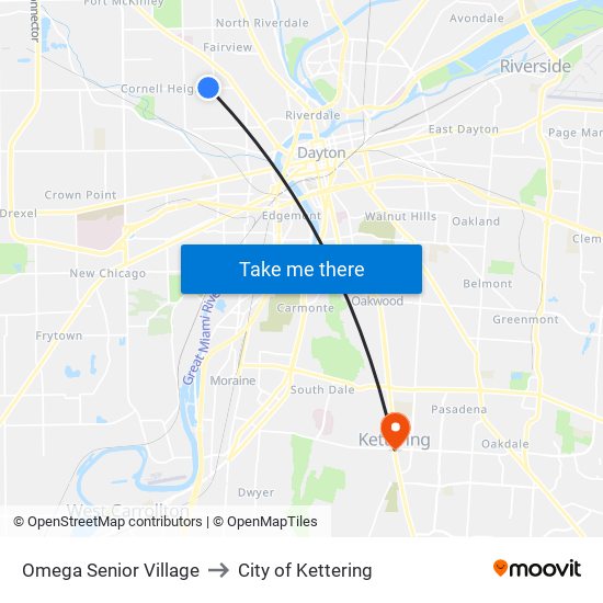 Omega Senior Village to City of Kettering map