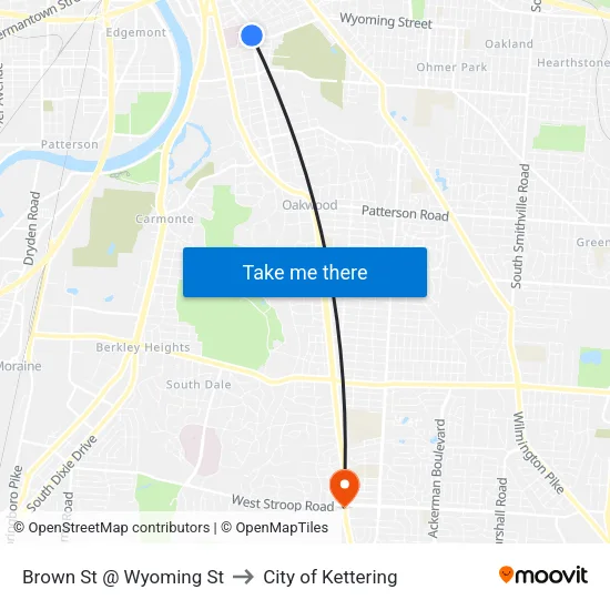 Brown St @ Wyoming St to City of Kettering map