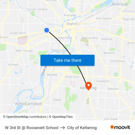 W 3rd St @ Roosevelt School to City of Kettering map