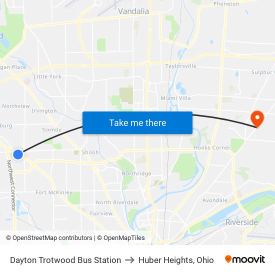 Dayton Trotwood Bus Station to Huber Heights, Ohio map