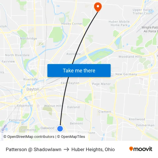 Patterson @ Shadowlawn to Huber Heights, Ohio map