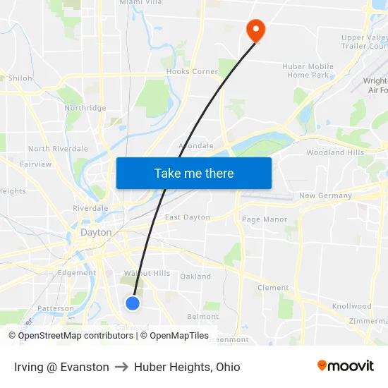 Irving @ Evanston to Huber Heights, Ohio map