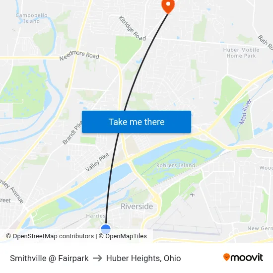 Smithville @ Fairpark to Huber Heights, Ohio map