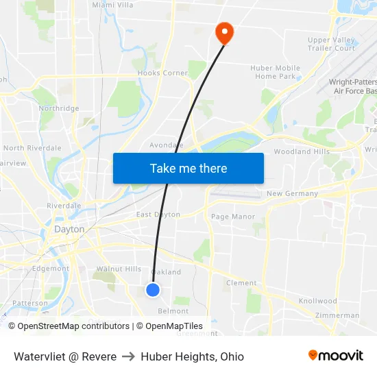 Watervliet @ Revere to Huber Heights, Ohio map