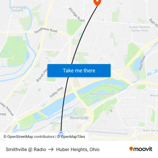 Smithville @ Radio to Huber Heights, Ohio map