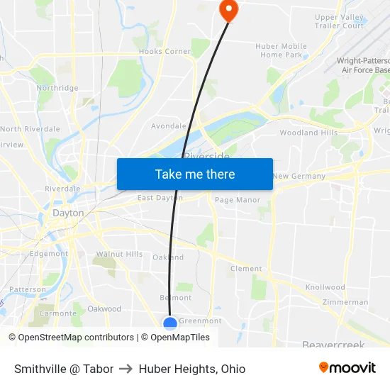 Smithville @ Tabor to Huber Heights, Ohio map