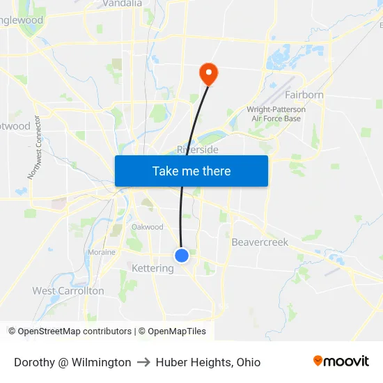 Dorothy @ Wilmington to Huber Heights, Ohio map