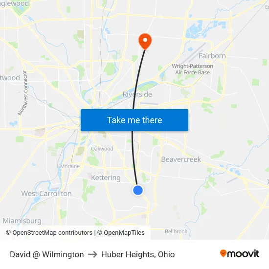 David @ Wilmington to Huber Heights, Ohio map