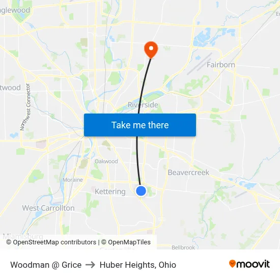 Woodman @ Grice to Huber Heights, Ohio map