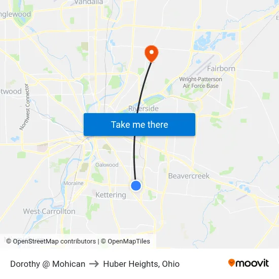 Dorothy @ Mohican to Huber Heights, Ohio map