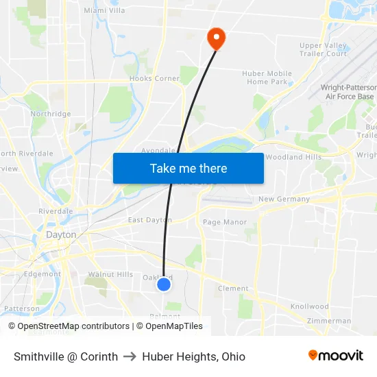 Smithville @ Corinth to Huber Heights, Ohio map