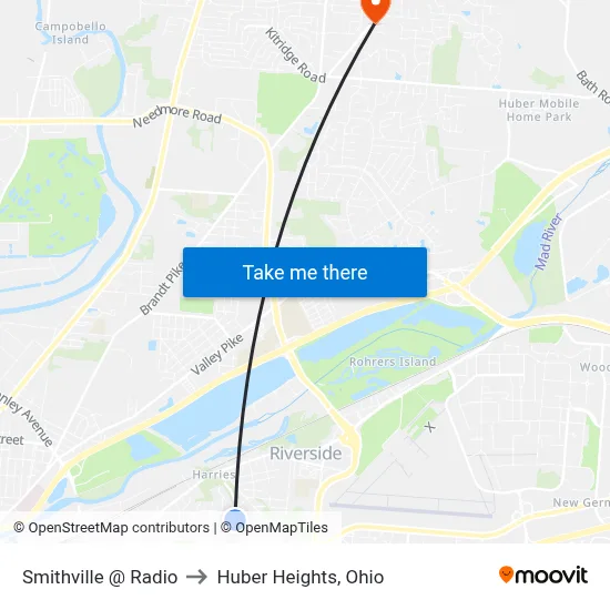 Smithville @ Radio to Huber Heights, Ohio map