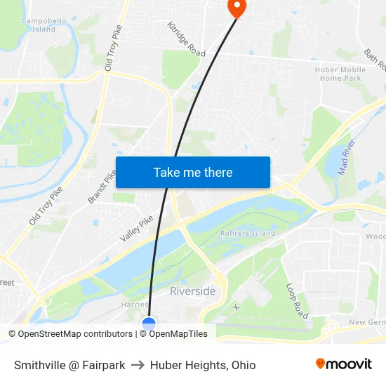 Smithville @ Fairpark to Huber Heights, Ohio map