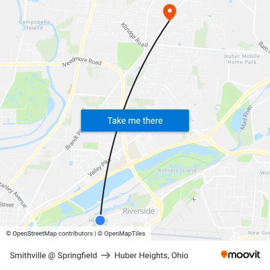 Smithville @ Springfield to Huber Heights, Ohio map