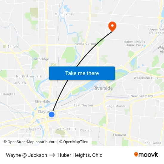 Wayne @ Jackson to Huber Heights, Ohio map