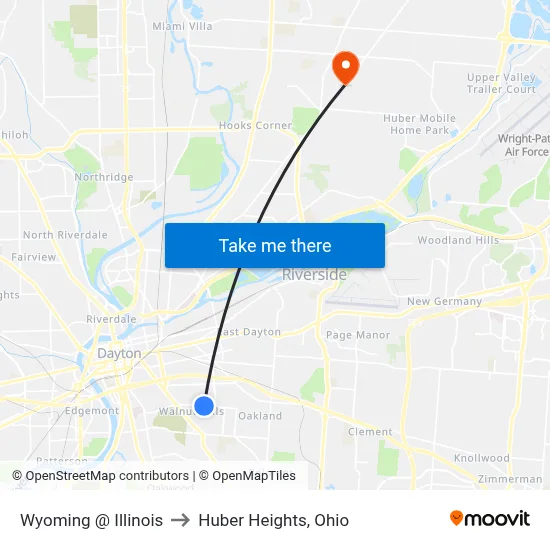 Wyoming @ Illinois to Huber Heights, Ohio map