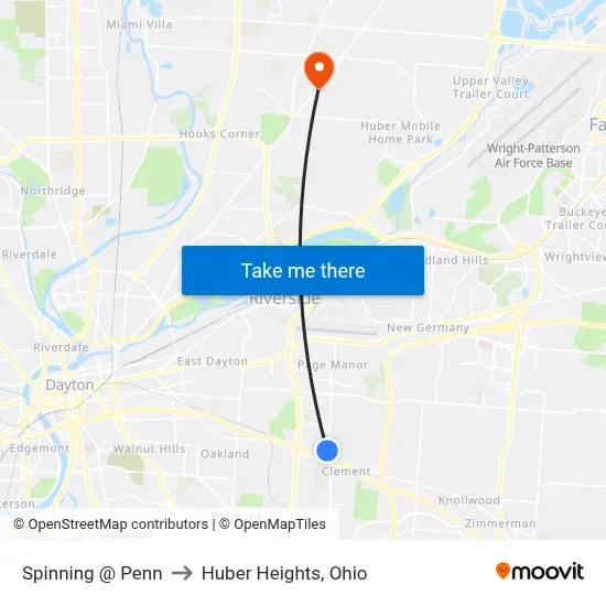 Spinning @ Penn to Huber Heights, Ohio map