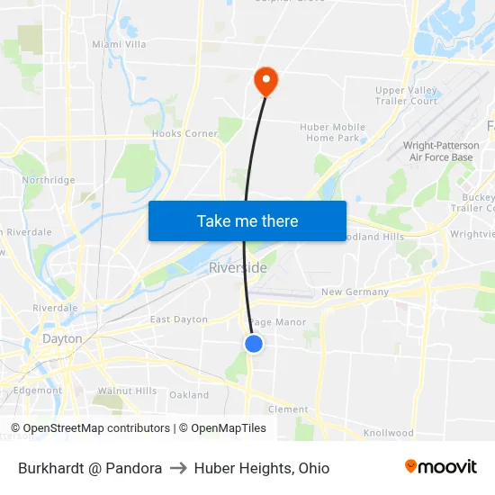 Burkhardt @ Pandora to Huber Heights, Ohio map