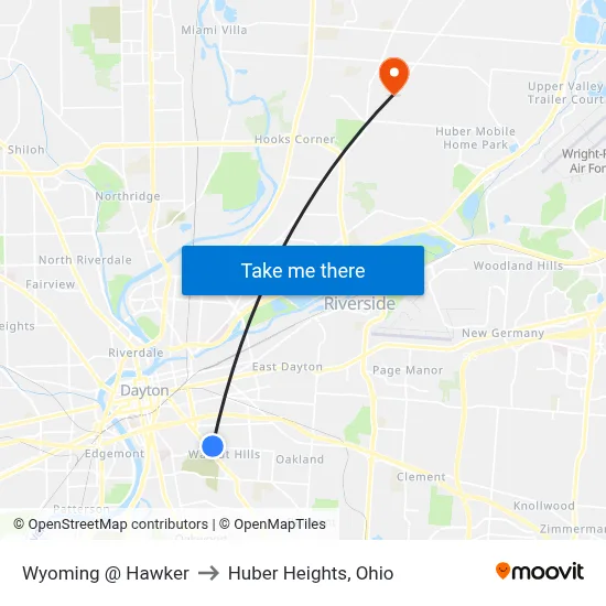 Wyoming @ Hawker to Huber Heights, Ohio map