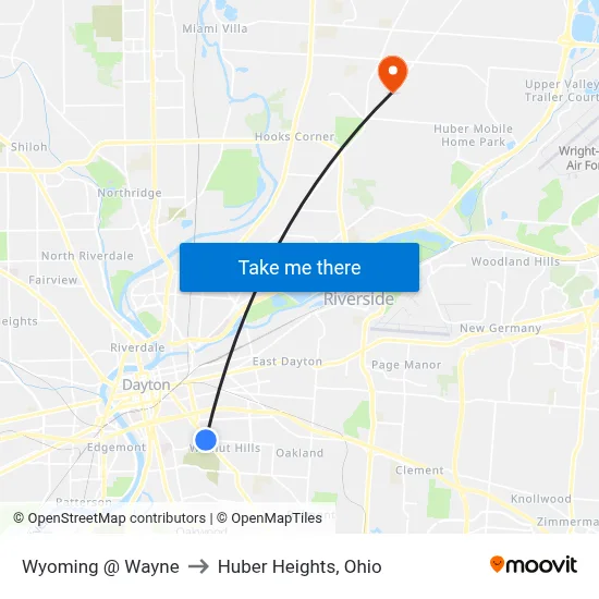 Wyoming @ Wayne to Huber Heights, Ohio map