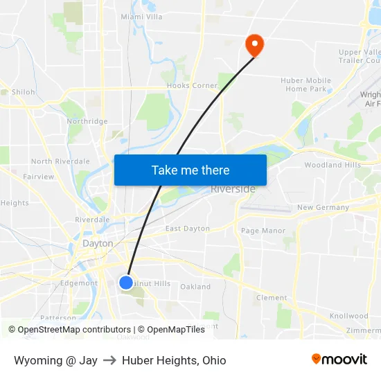 Wyoming @ Jay to Huber Heights, Ohio map