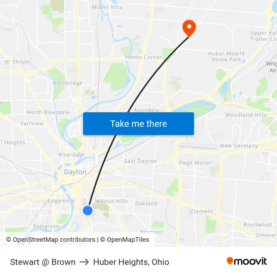 Stewart @ Brown to Huber Heights, Ohio map
