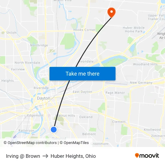 Irving @ Brown to Huber Heights, Ohio map