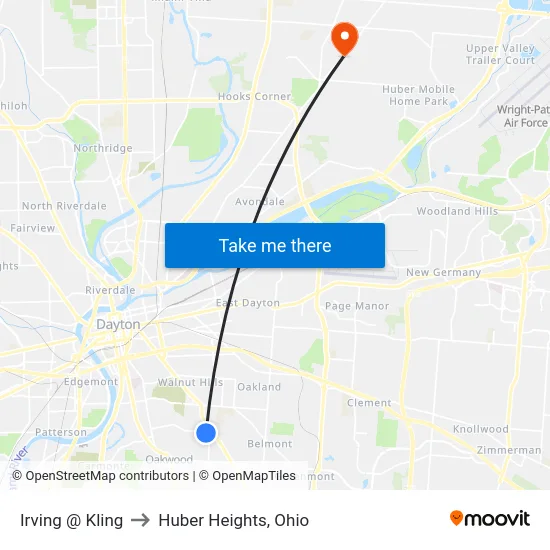 Irving @ Kling to Huber Heights, Ohio map
