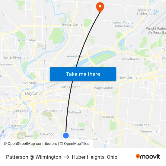 Patterson @ Wilmington to Huber Heights, Ohio map