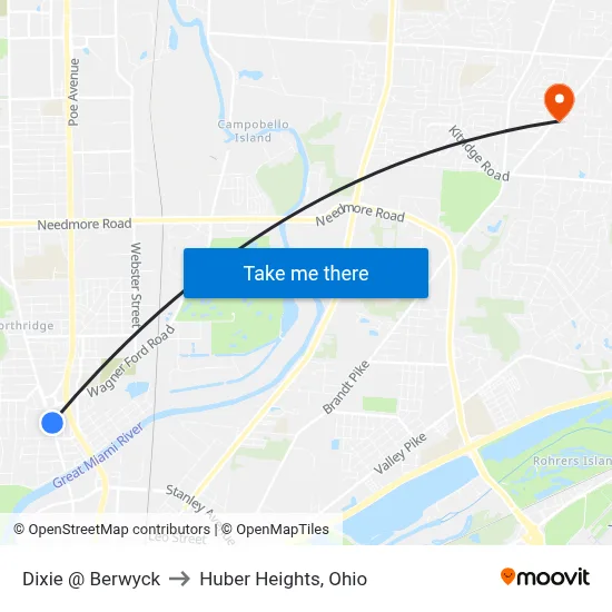 Dixie @ Berwyck to Huber Heights, Ohio map