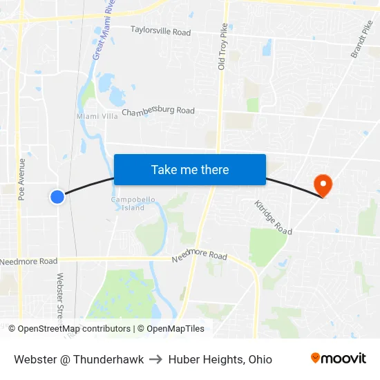 Webster @ Thunderhawk to Huber Heights, Ohio map