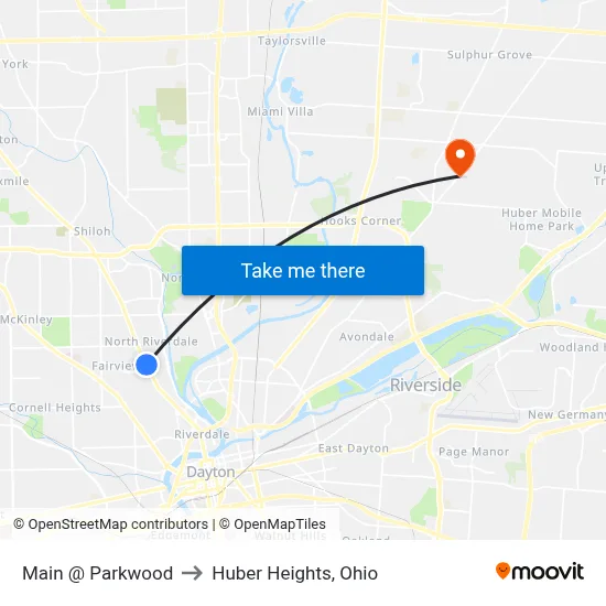 Main @ Parkwood to Huber Heights, Ohio map