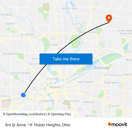 3rd @ Anna to Huber Heights, Ohio map
