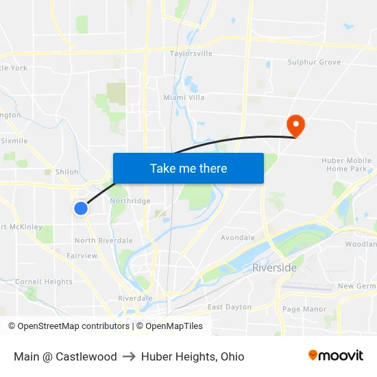 Main @ Castlewood to Huber Heights, Ohio map
