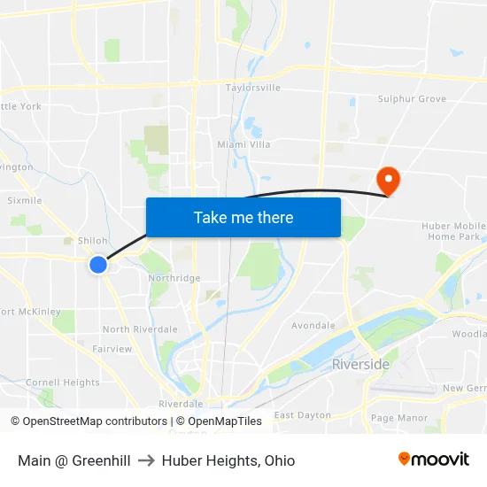 Main @ Greenhill to Huber Heights, Ohio map