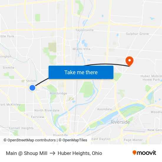Main @ Shoup Mill to Huber Heights, Ohio map