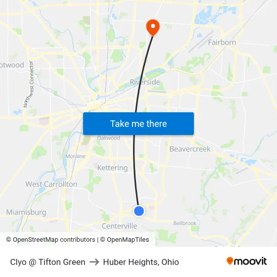 Clyo @ Tifton Green to Huber Heights, Ohio map