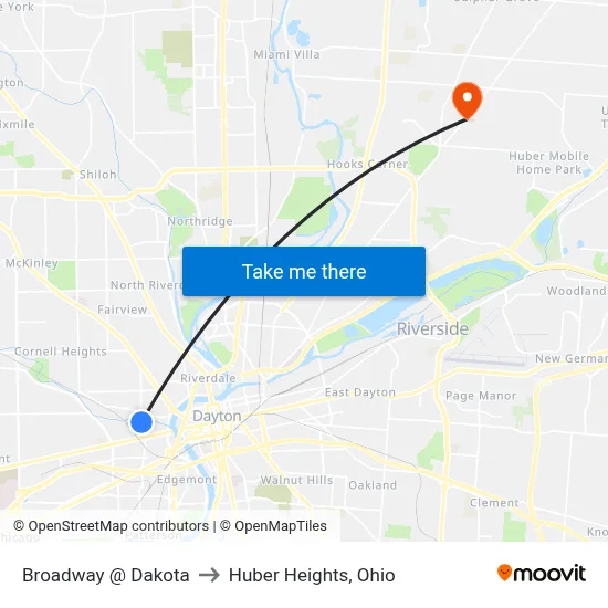 Broadway @ Dakota to Huber Heights, Ohio map