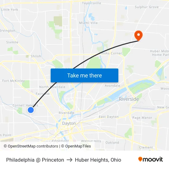 Philadelphia @ Princeton to Huber Heights, Ohio map