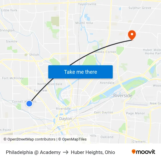 Philadelphia @ Academy to Huber Heights, Ohio map
