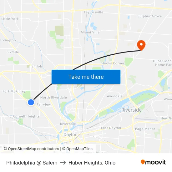 Philadelphia @ Salem to Huber Heights, Ohio map