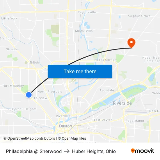 Philadelphia @ Sherwood to Huber Heights, Ohio map