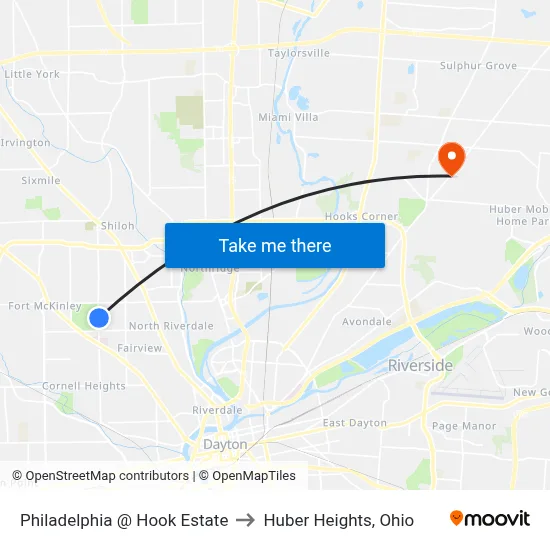 Philadelphia @ Hook Estate to Huber Heights, Ohio map