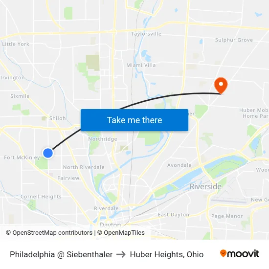 Philadelphia @ Siebenthaler to Huber Heights, Ohio map