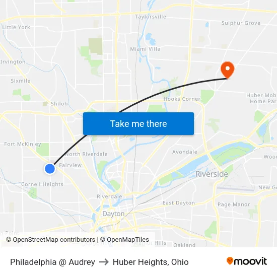 Philadelphia @ Audrey to Huber Heights, Ohio map