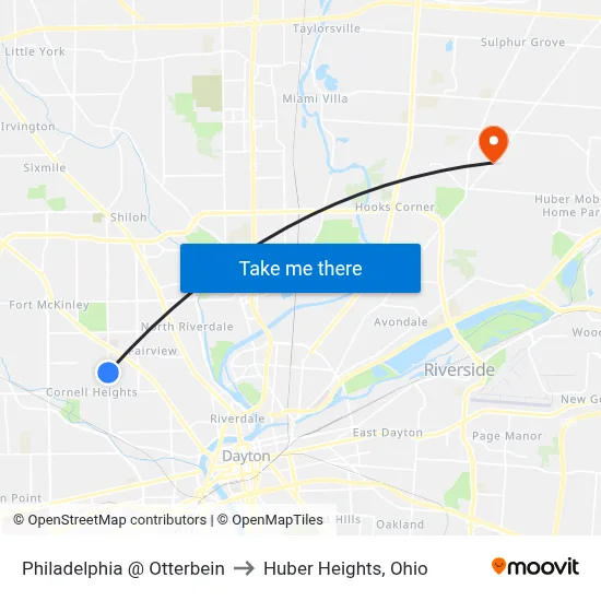 Philadelphia @ Otterbein to Huber Heights, Ohio map