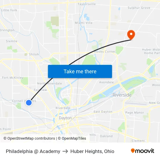 Philadelphia @ Academy to Huber Heights, Ohio map